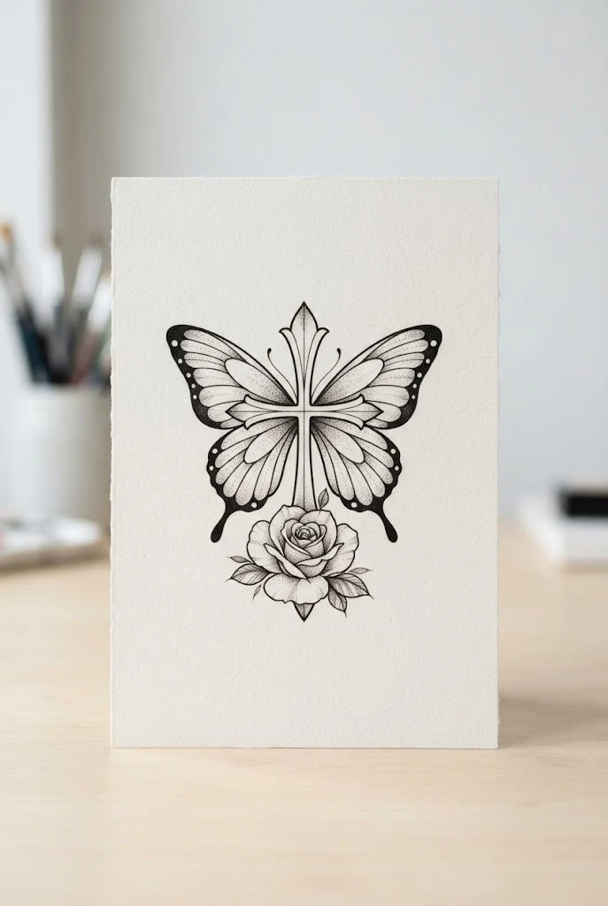 Cross-Winged Faith Symbol — rose and butterfly tattoo forearm style outfit