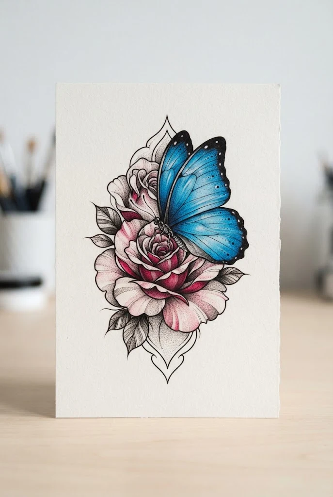 Blue Morpho Dreamscape — rose and butterfly tattoo forearm style outfit