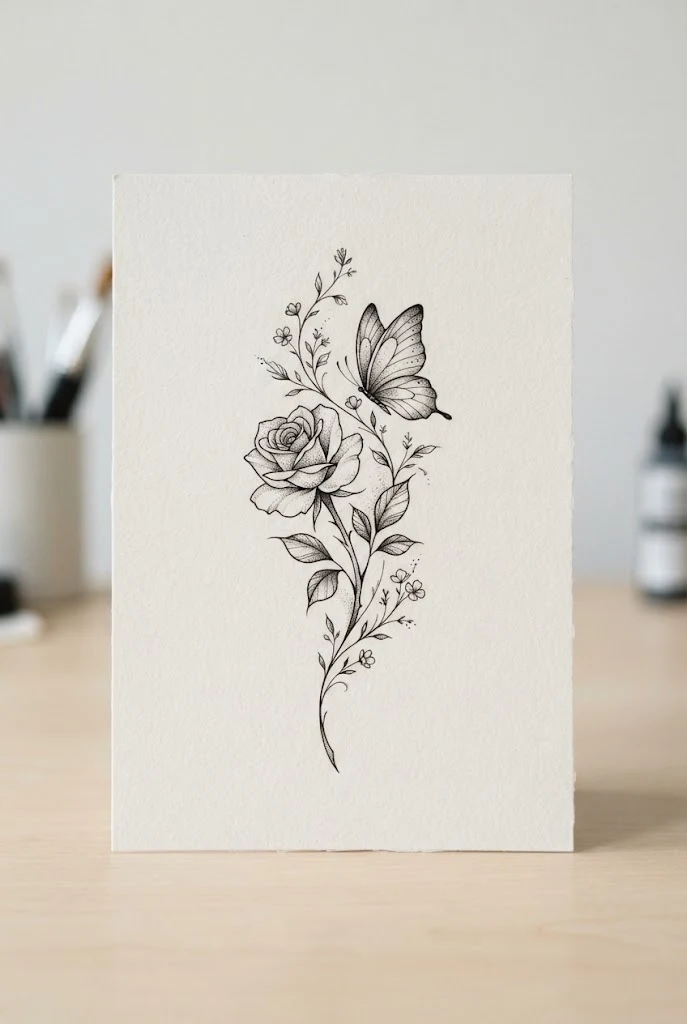 Fine Line Botanical Symphony — rose and butterfly tattoo forearm style outfit