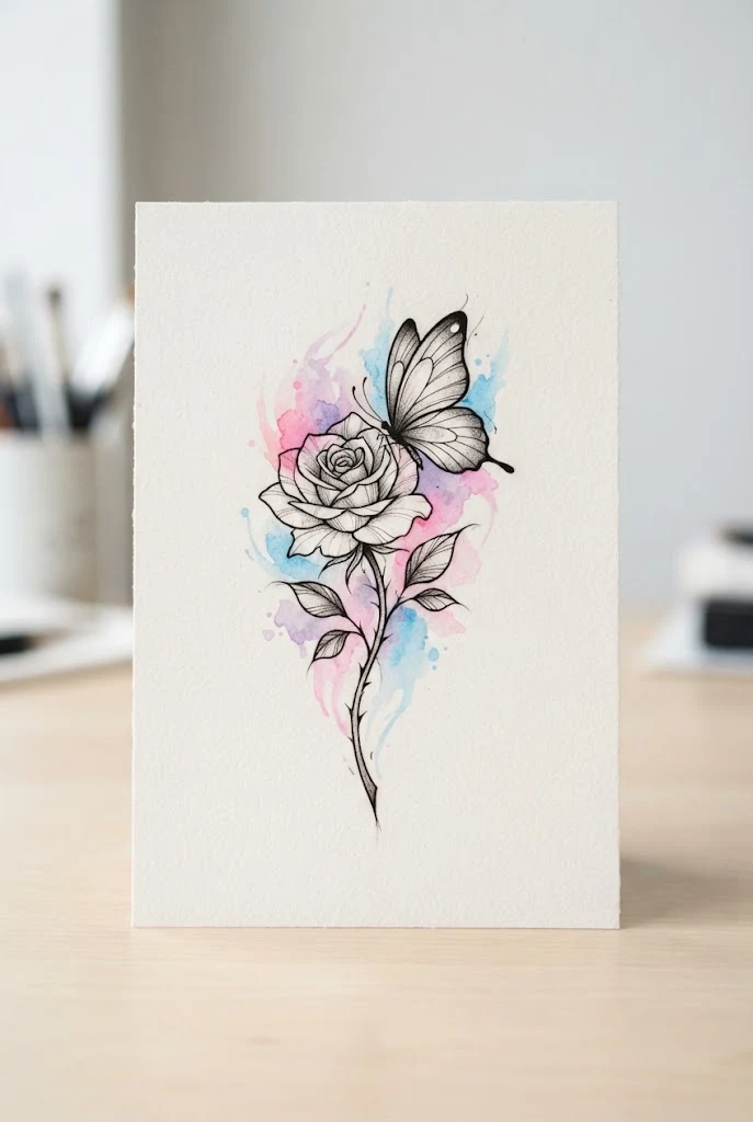Watercolor Splash Blossom — rose and butterfly tattoo forearm style outfit
