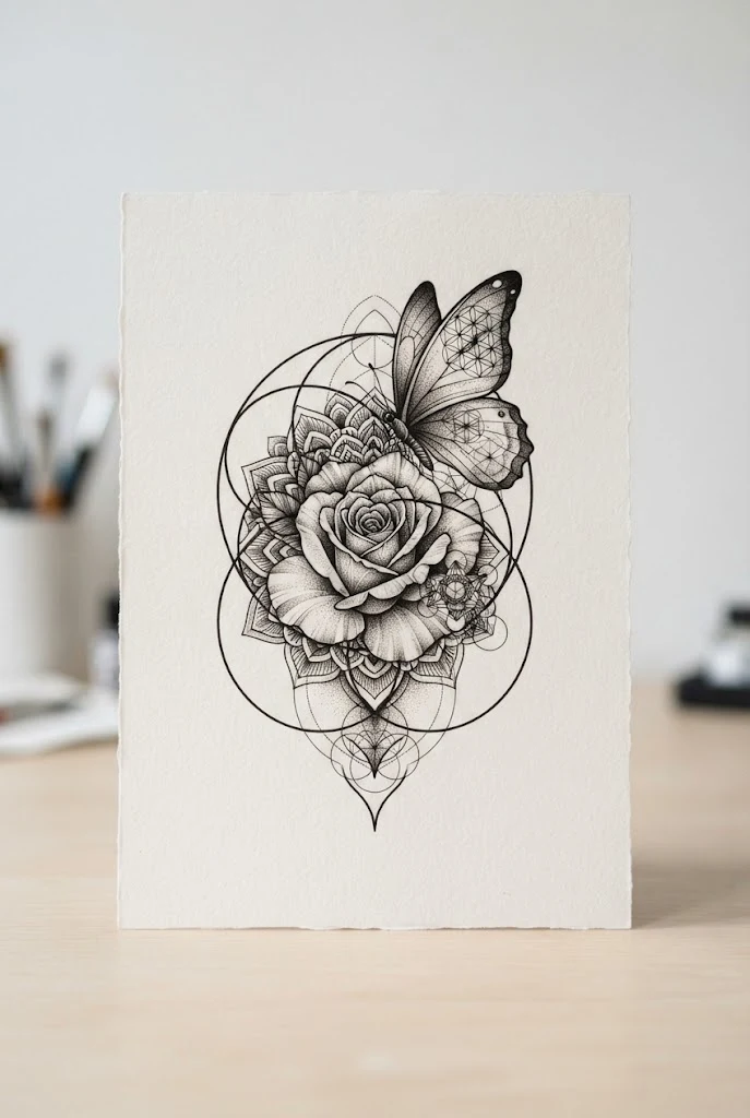 Geometric Sacred Geometry Fusion — rose and butterfly tattoo forearm style outfit