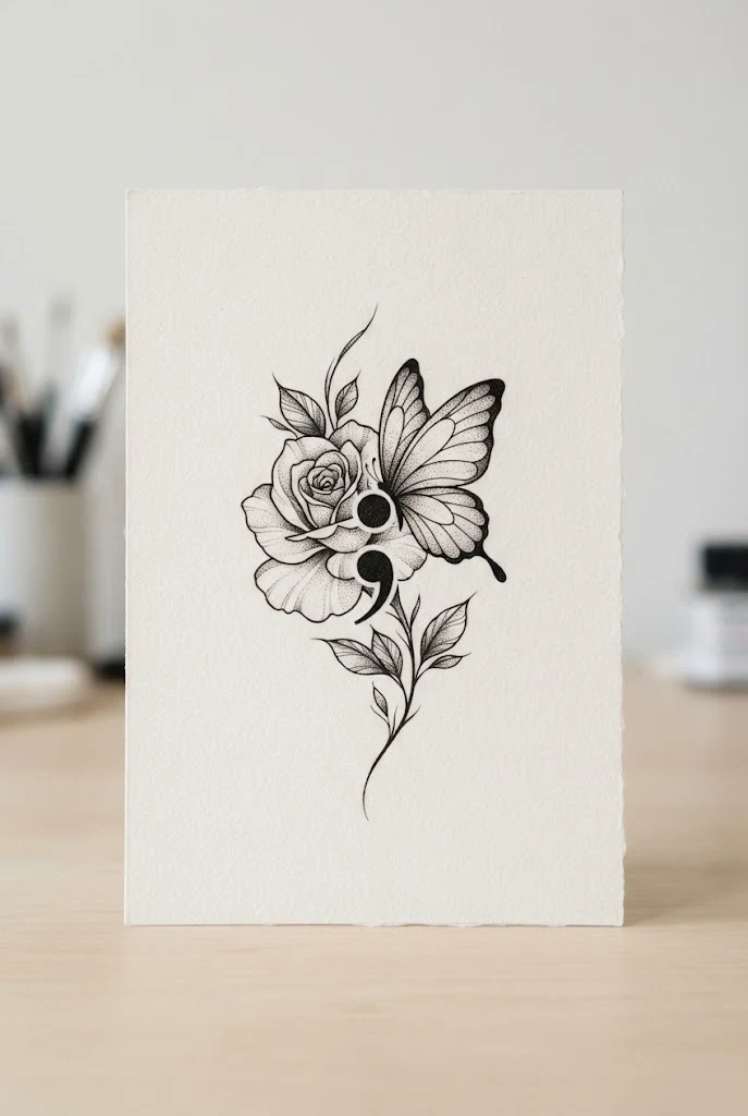 Semicolon Mental Health Tribute — rose and butterfly tattoo forearm style outfit