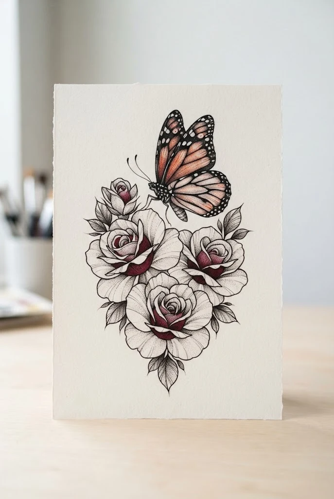 Crimson Bloom and Monarch Flight — roses and butterfly tattoo style outfit