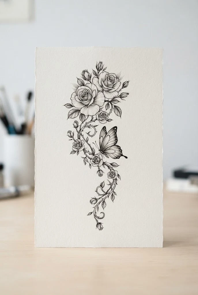 Asymmetrical Spine Cascade — roses and butterfly tattoo style outfit