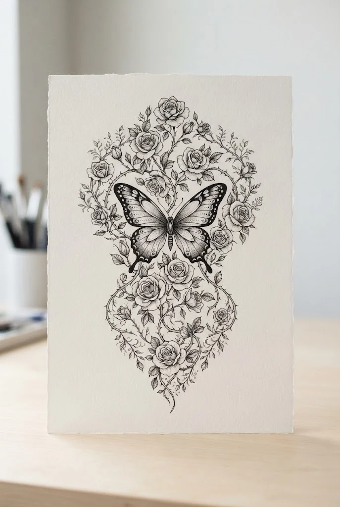 Botanical Treasury Back Piece — roses and butterfly tattoo style outfit