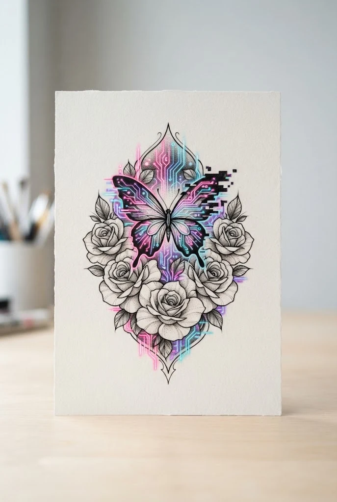 Neon Cyber Floral Glitch — roses and butterfly tattoo style outfit