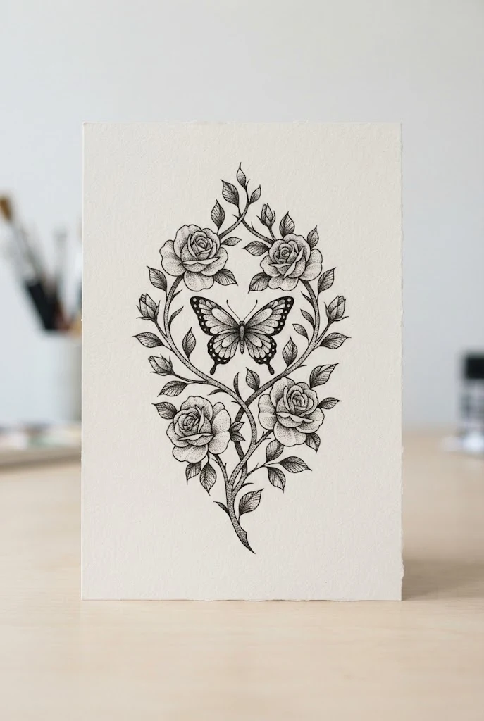 Monochrome Dotwork Vine — roses and butterfly tattoo style outfit
