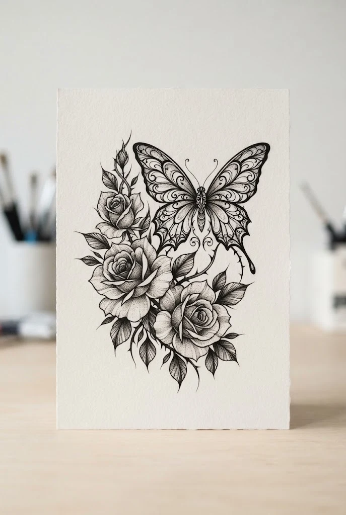 Gothic Black Rose and Swallowtail — roses and butterfly tattoo style outfit