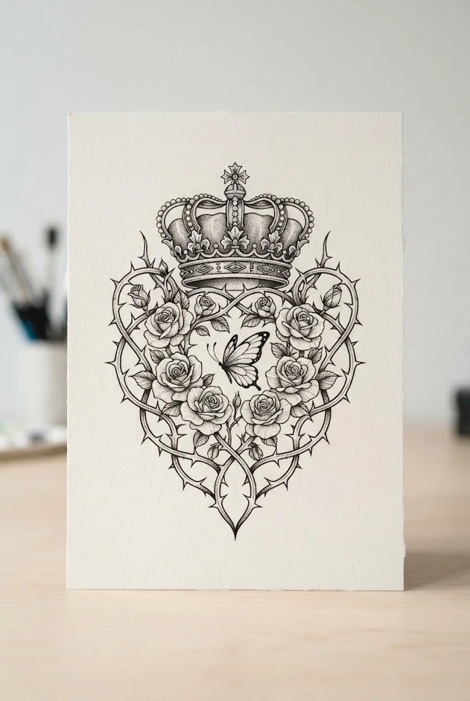 Royal Crown and Thorned Vine — roses and butterfly tattoo style outfit