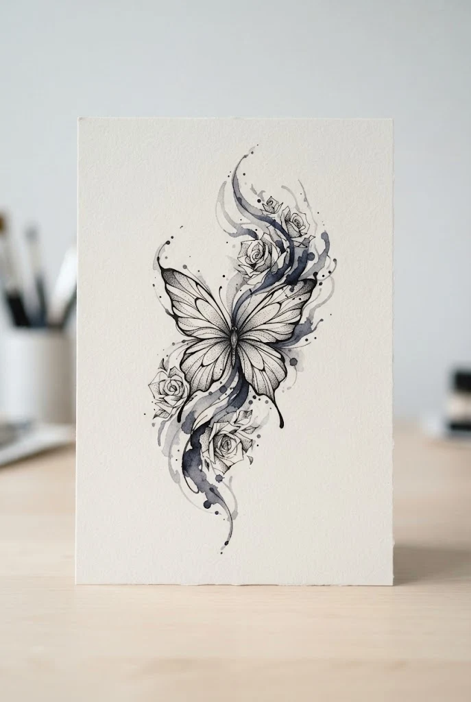 Abstract Watercolor Splash — roses and butterfly tattoo style outfit