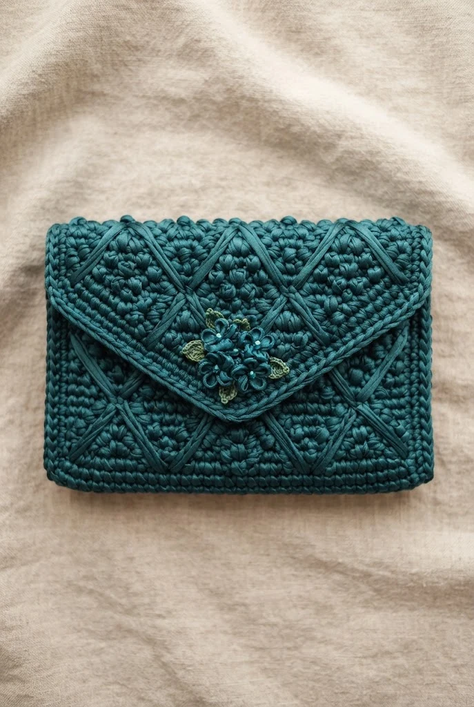 Teal Satin Geometric Clutch — satin crochet bag