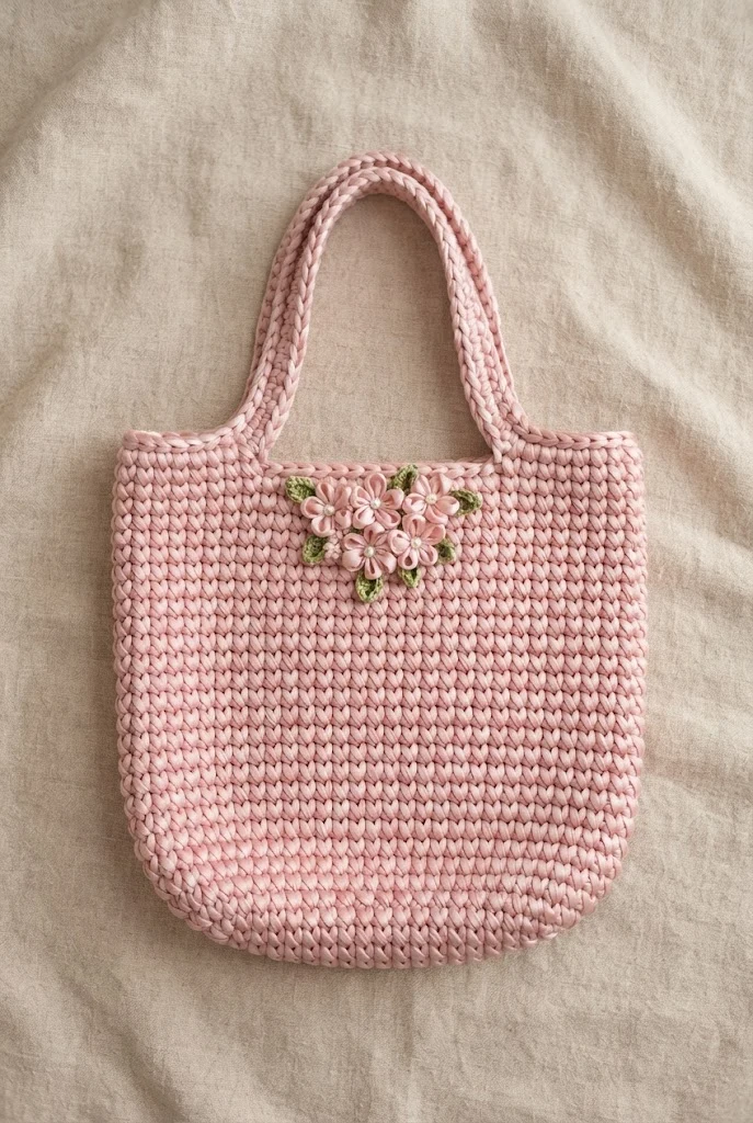 Blush Pink Satin Ribbon Tote — satin crochet bag
