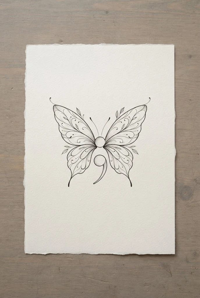 Minimalist Fine Line Semicolon Butterfly Tattoo Ideas Design — semi-colon butterfly tattoo ideas design style outfit