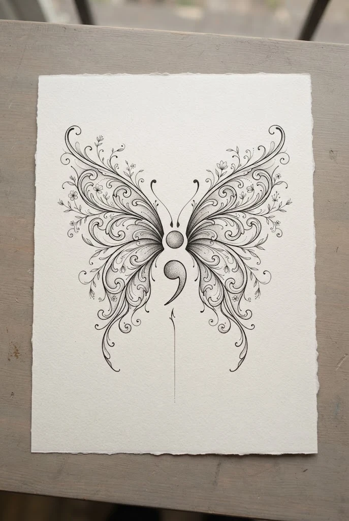 Upper Chest Centerpiece Statement — semi-colon butterfly tattoo ideas design style outfit