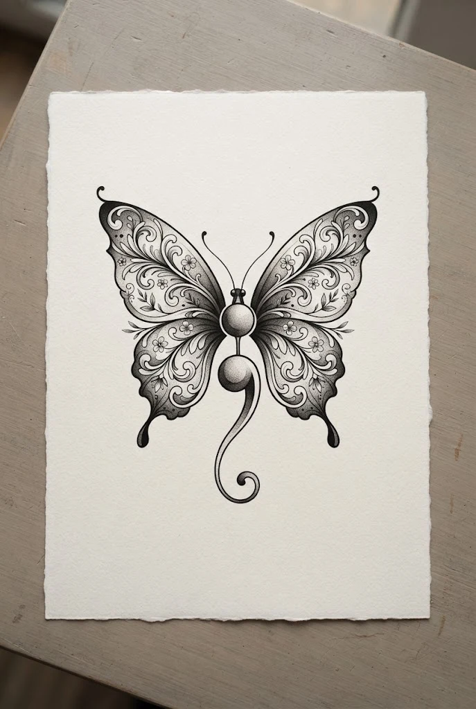 Black and Grey Shaded Masterpiece — semi-colon butterfly tattoo ideas design style outfit