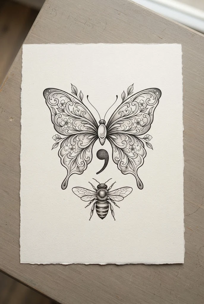 Dual Insect Companion Layout — semi-colon butterfly tattoo ideas design style outfit