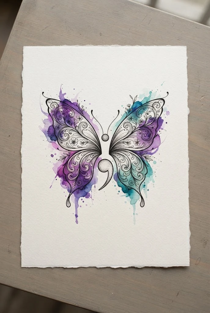 Watercolor Splash Violet and Teal Accent — semi-colon butterfly tattoo ideas design style outfit