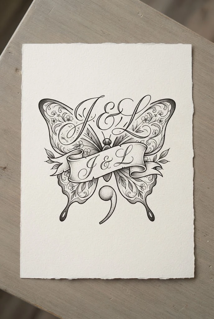 Cursive Banner Rib Monogram — semi-colon butterfly tattoo ideas design style outfit