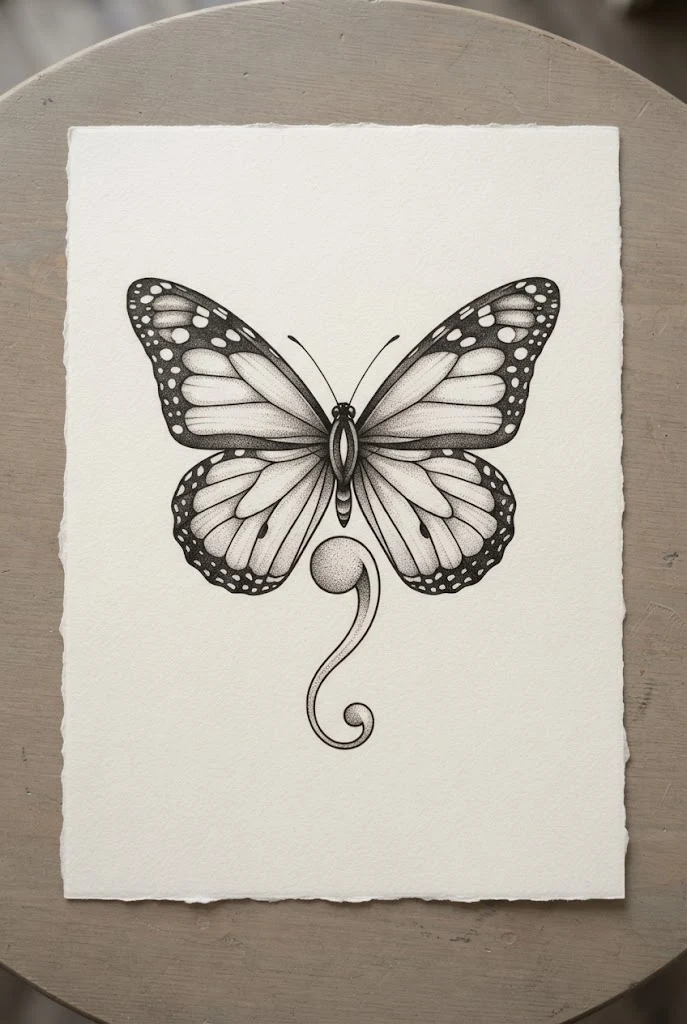 Realistic Monarch Wing Integration — semi-colon butterfly tattoo ideas design style outfit