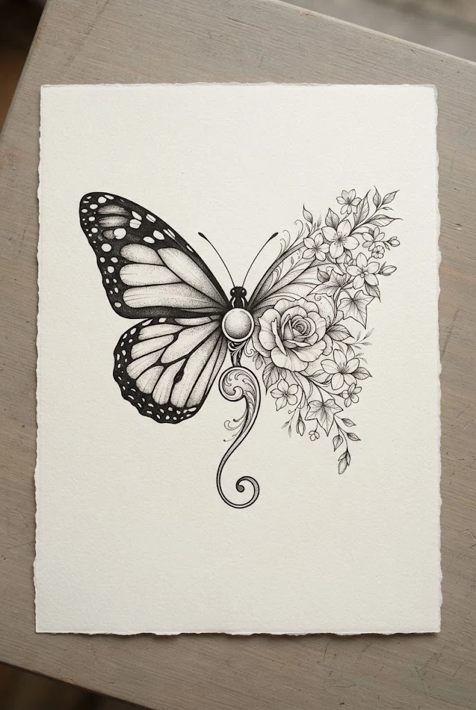 Half-And-Half Split Floral Morph — semi-colon butterfly tattoo ideas design style outfit