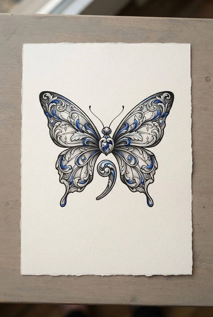 Sapphire Blue and Silver Metallic Concept — semi-colon butterfly tattoo ideas design style outfit