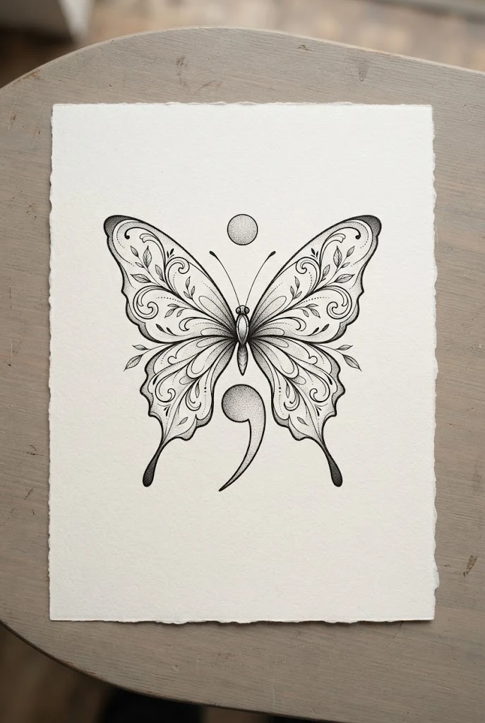 Symmetrical Wing Spread with Center Semicolon — semi-colon butterfly tattoo ideas design style outfit