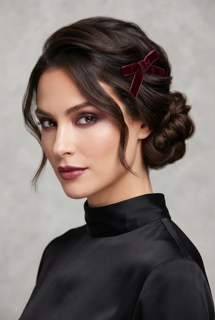 The Velvet Ribbon Micro-Updo — short hair party hairstyles style outfit