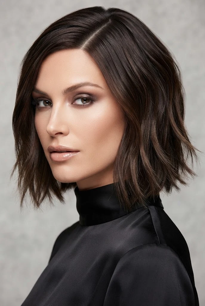 Sleek Side-Parted Shaggy Bob — short hair party hairstyles style outfit
