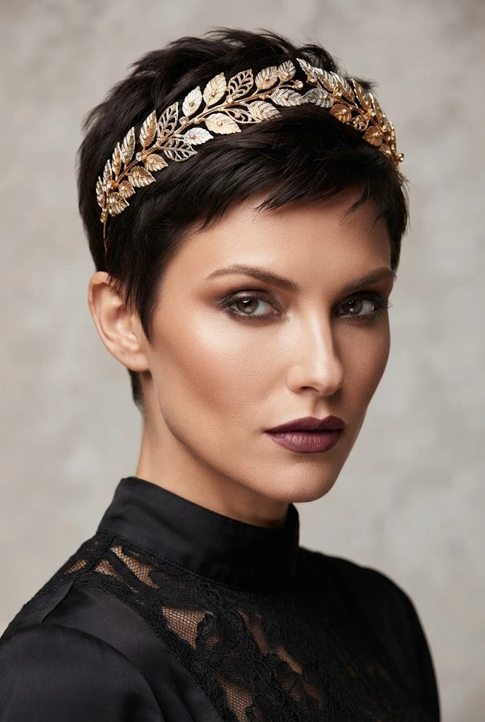 Gilded Leaf Crown Crop — short hair party hairstyles style outfit
