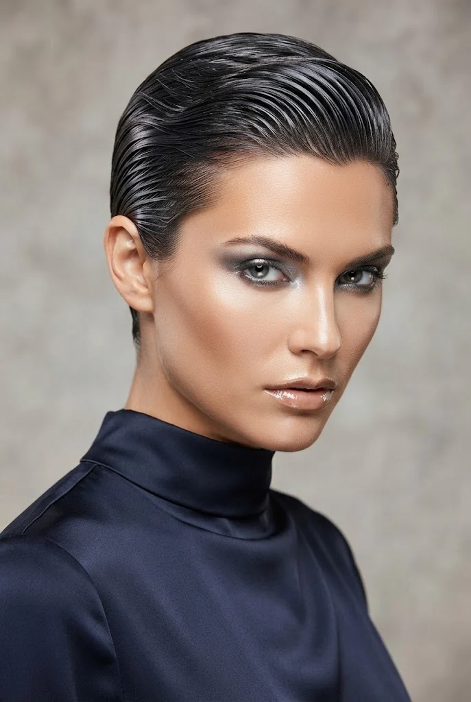 Liquid Mercury Slicked-Back Crop — short hair party hairstyles style outfit