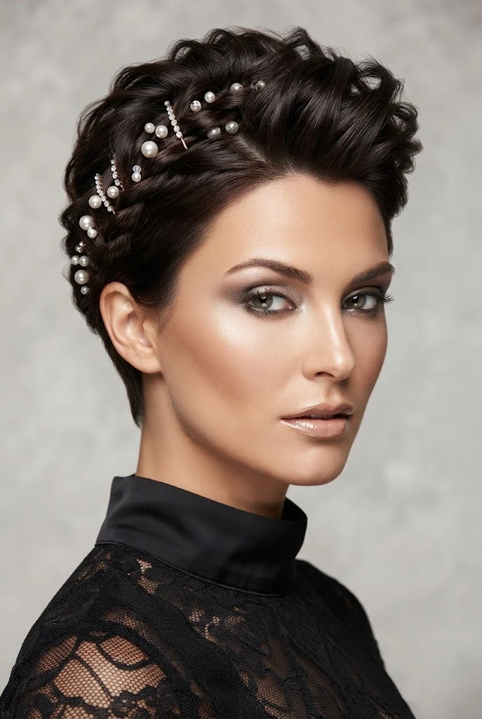 The Pearl-Embellished Pixie Twist — short hair party hairstyles style outfit