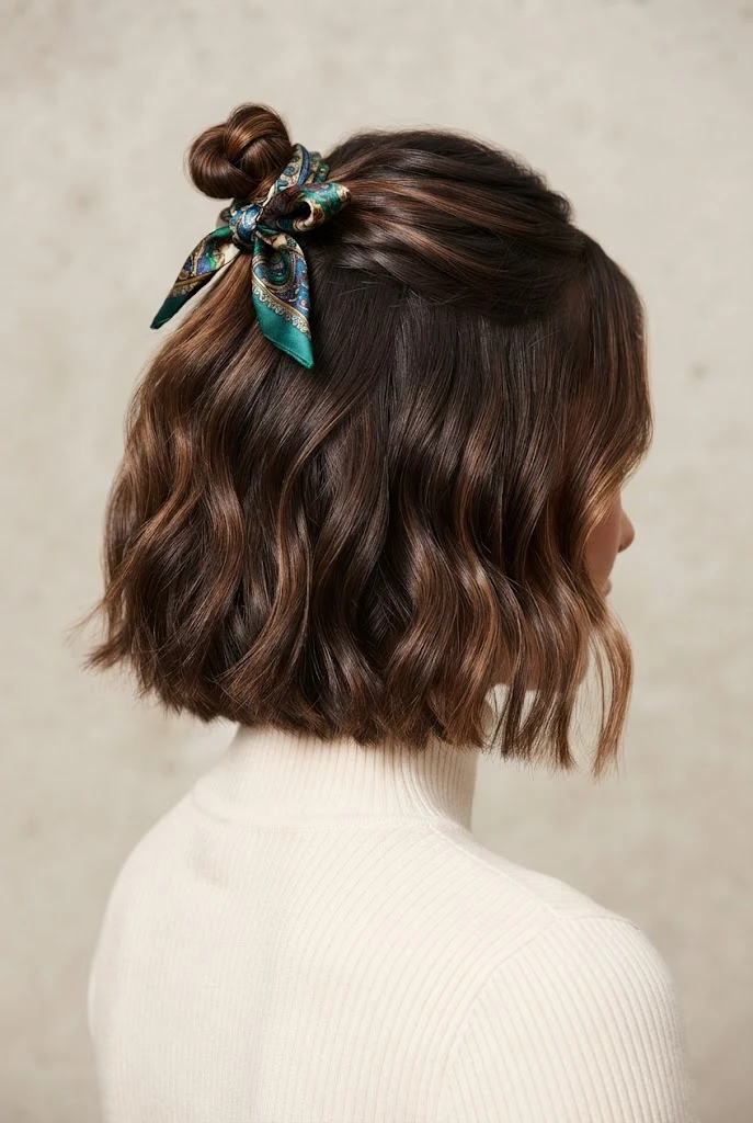 Scarf-Wrapped Half-Up Knot — short hair pulled-back styles style outfit