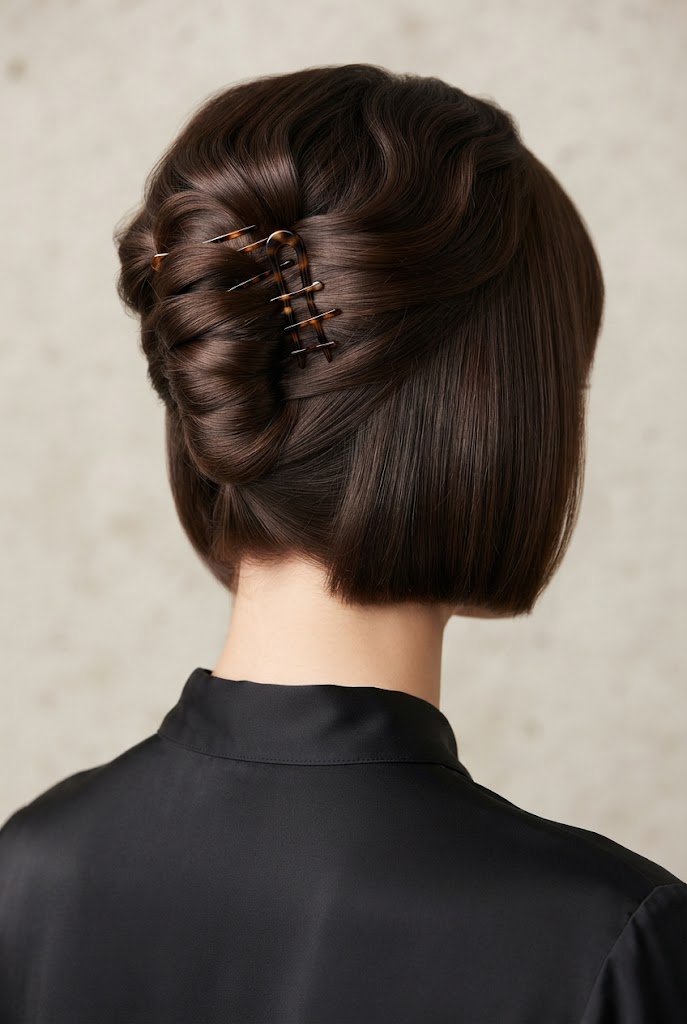 The Upside-Down French Roll — short hair pulled-back styles style outfit