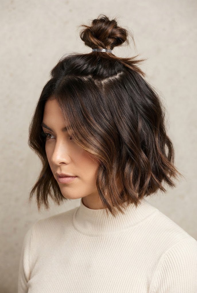 Messy Top-Knot Mini for Crops — short hair pulled-back styles style outfit