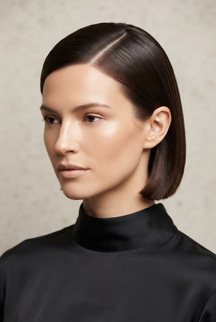 Side-Parted Slicked Tuck — short hair pulled-back styles style outfit