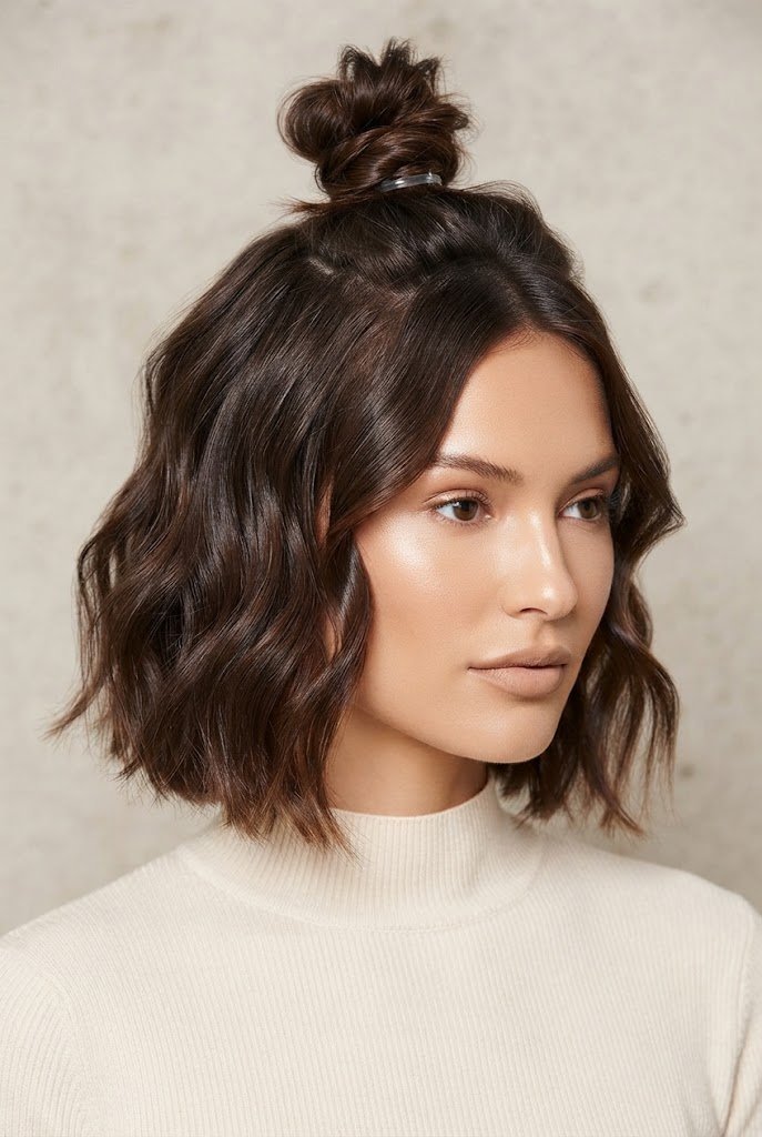Half-Up Top Bun with Loose Waves — short hair pulled-back styles style outfit