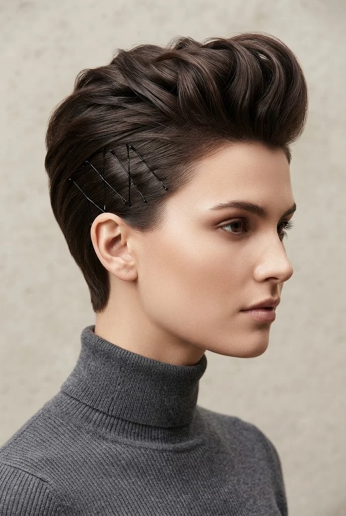 Pinned-Back Pixie Pompadour — short hair pulled-back styles style outfit