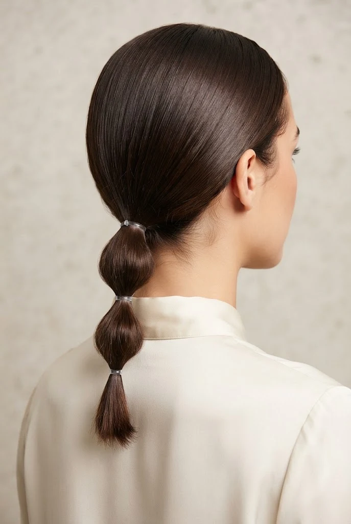 Low Micro-Bubble Ponytail — short hair pulled-back styles style outfit