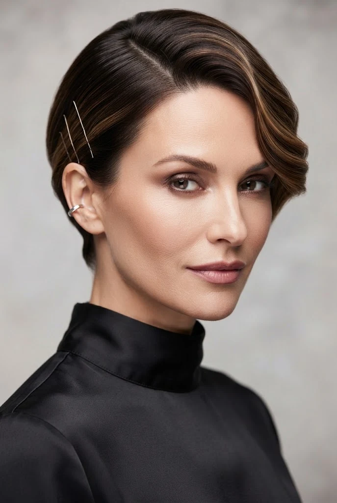 The Side-Parted Tuck and Pin — short hair tied-back styles style outfit