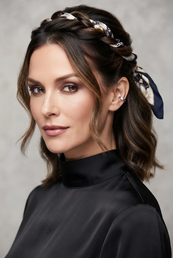 The Scarf-Woven Half-Up Twist — short hair tied-back styles style outfit
