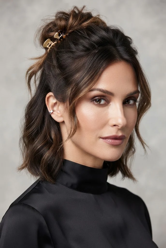 The Double-Clip Messy Half-Up — short hair tied-back styles style outfit