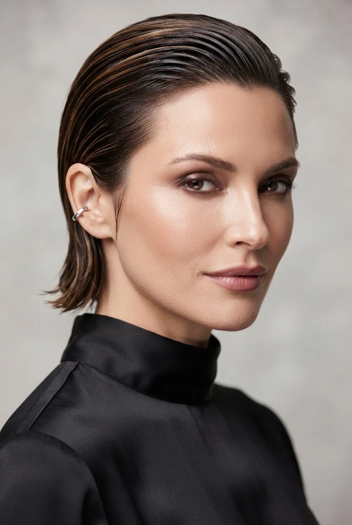 The Slicked-Back Wet-Effect Crop — short hair tied-back styles style outfit