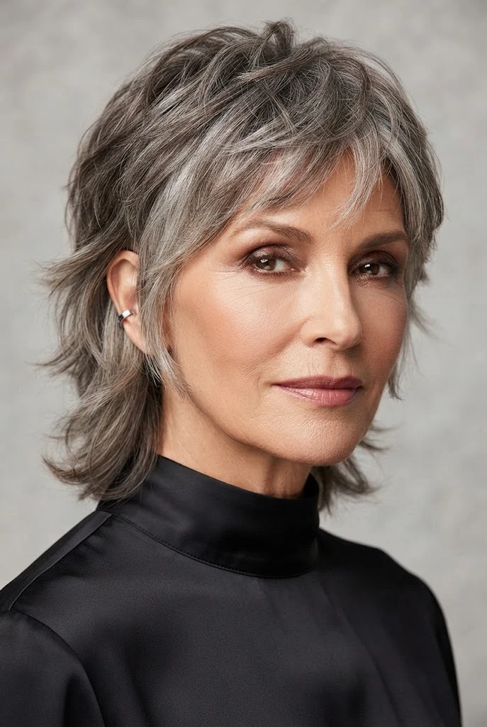 The Layered Salt-and-Pepper Shag — short hair worn down style outfit