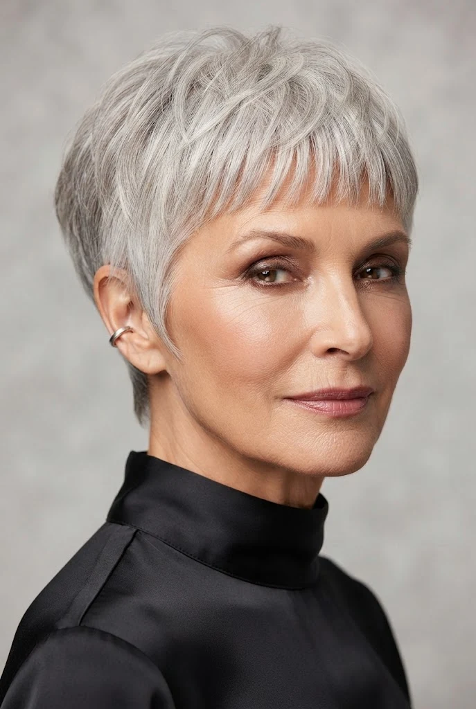 The Textured Crop with Micro-Bangs — short hair worn down style outfit