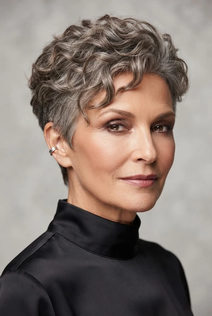 The Curly Salt-and-Pepper Crop — short hair worn down style outfit