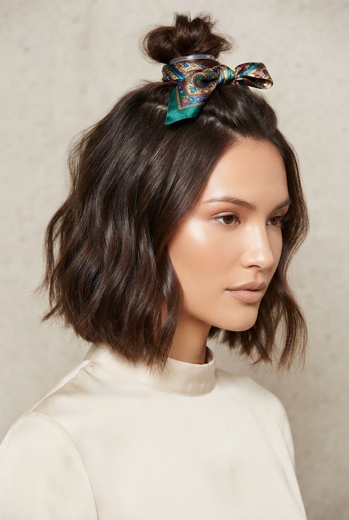 The Scarf-Wrapped Half-Up Knot — short hairstyle ideas style outfit