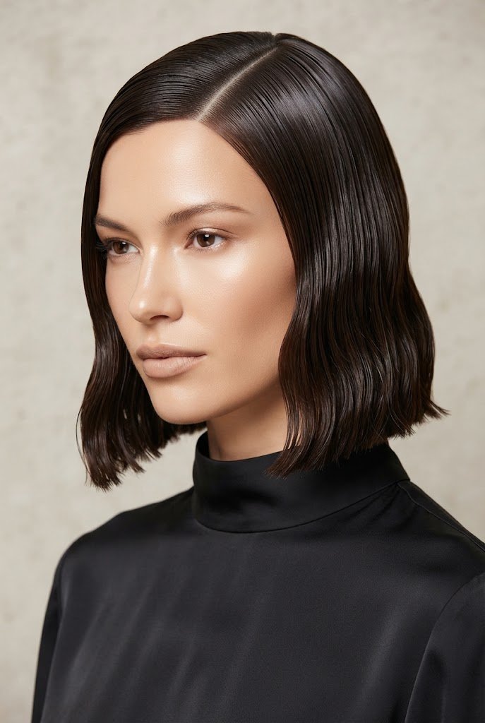 The Deep-Parted Wet-Look Bob — short hairstyle ideas style outfit