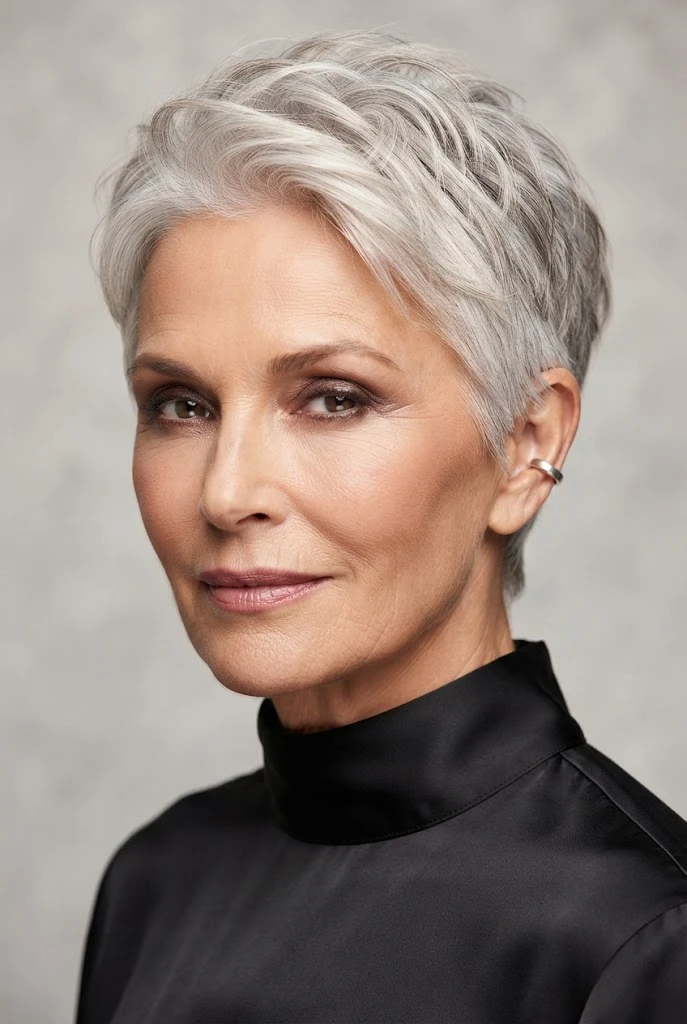 The Silver-Kissed Textured Pixie — short hairstyles for grandmothers style outfit
