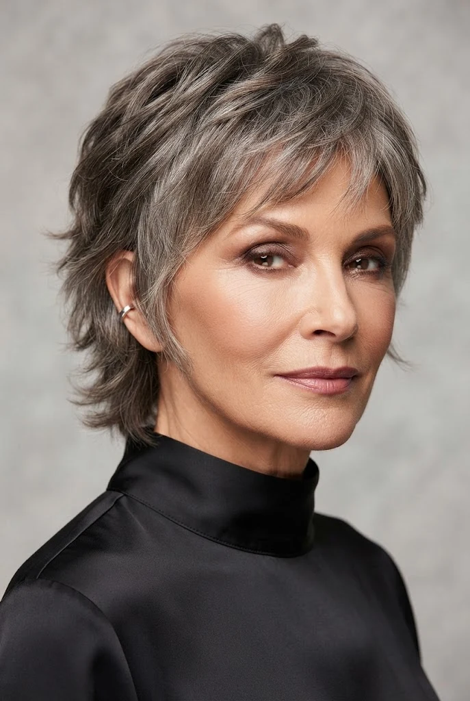The Layered Salt-and-Pepper Shag — short hairstyles for grandmothers style outfit