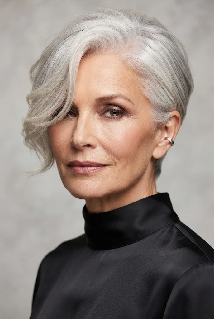 The Sweeping Side-Parted Crop — short hairstyles for grandmothers style outfit
